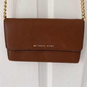 Michael Kors Brown Wallet on Chain Crossbody Bag with Gold Hardware